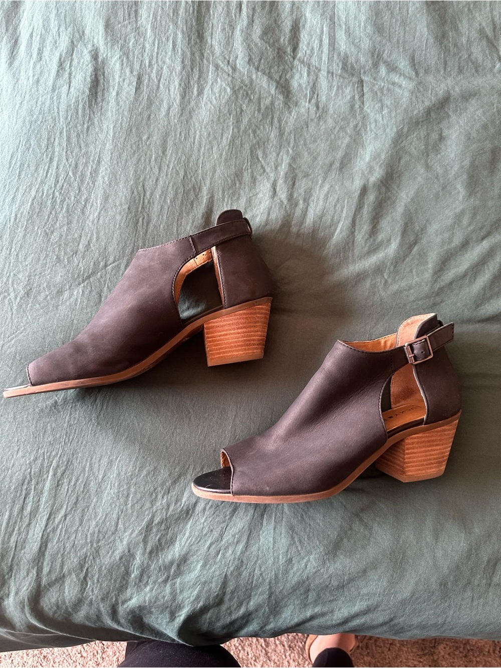 Lucky Brand Black & Brown Open-Toe Stacked Heel Booties - Picture 2 of 6